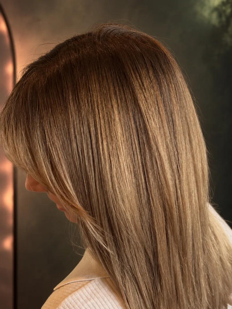 Long smooth brunette hair with subtle lighter ribbons