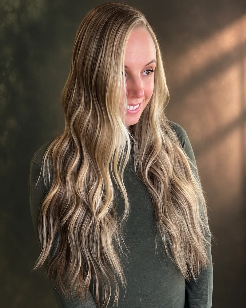 A smiling client with long blonde face-framing highlights