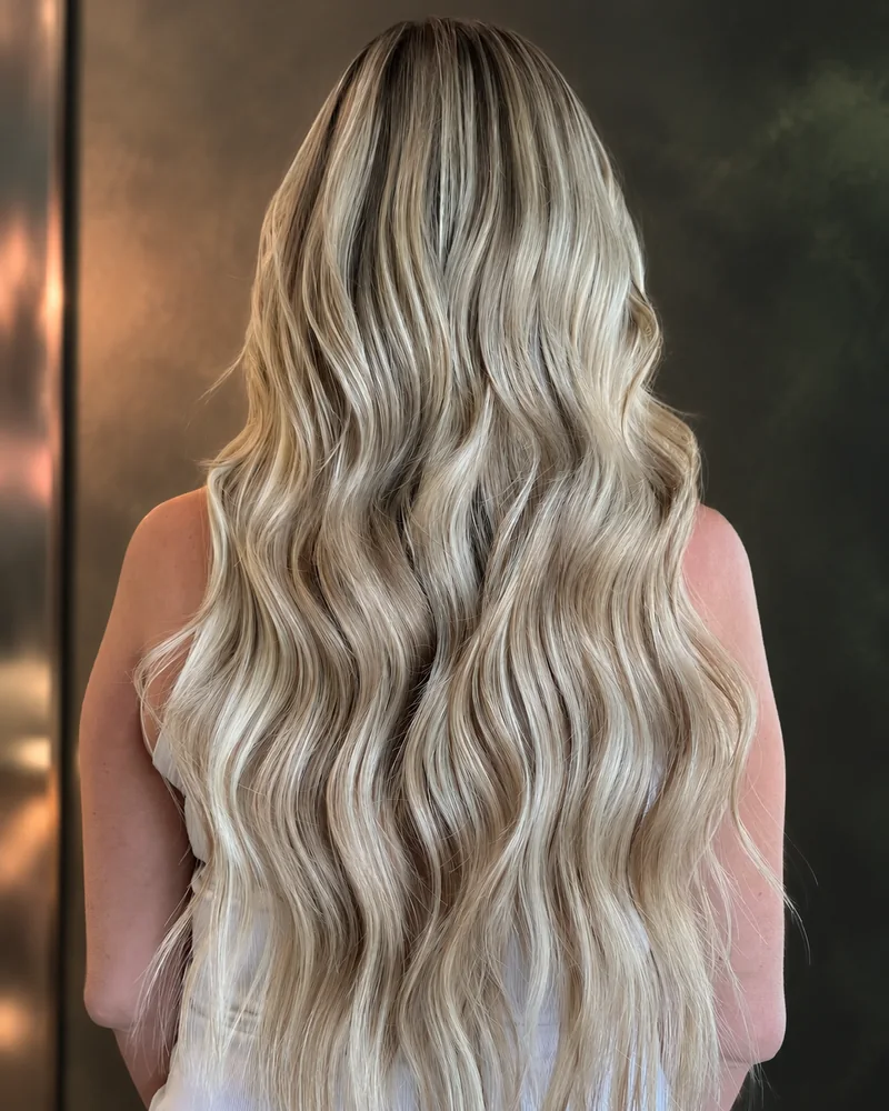 Long blonde waves with two rows of hand-tied extensions