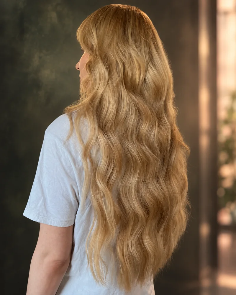 Long warm blonde waves with hand-tied extensions