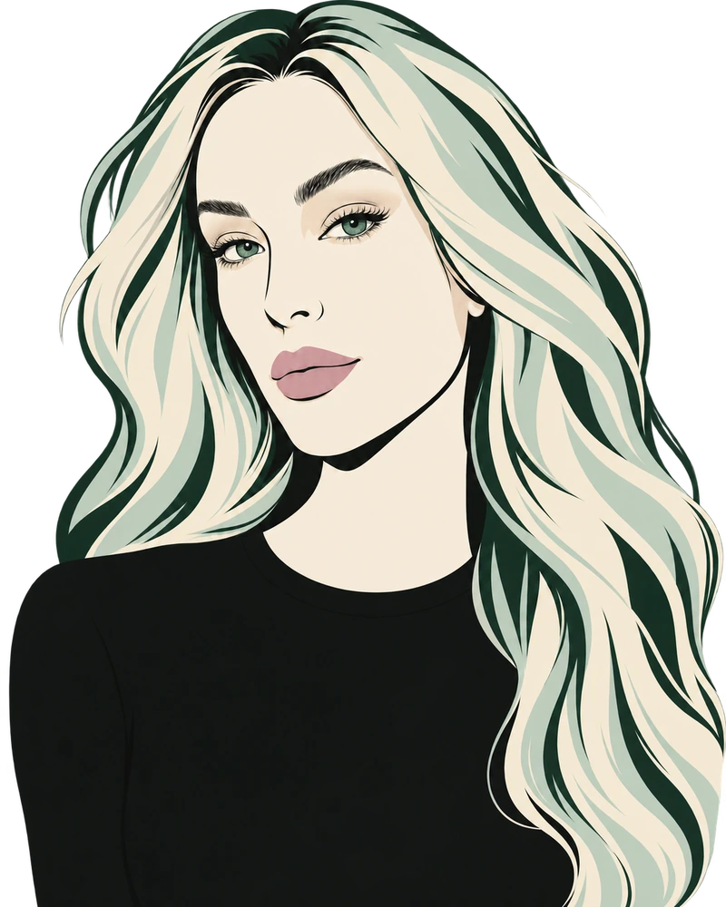 Original illustrated portrait of Stephenie Powers, with sculptural blonde hair in cream, mint and hunter green